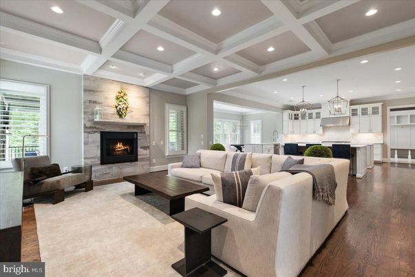 Fireplace, Interior, Kitchen, Living room, Pendant Lights, Recessed Lighting, Wood Texture Flooring