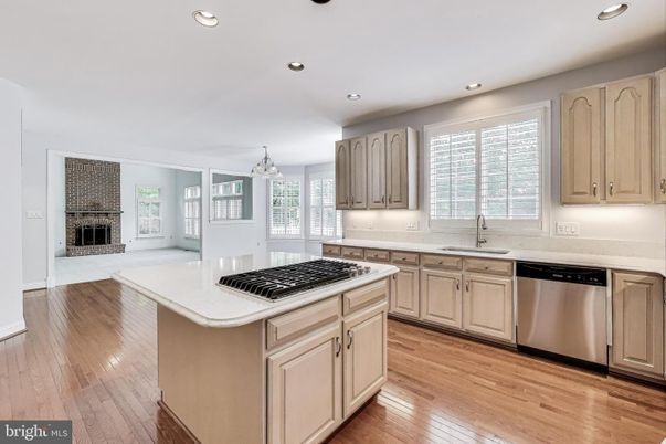 Fireplace, Interior, Kitchen, Pendant Lights, Recessed Lighting, Stainless Steel Appliances, Wood Texture Flooring