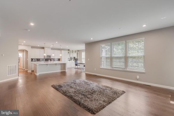 Empty room, Interior, Kitchen, Pendant Lights, Recessed Lighting, Wood Texture Flooring