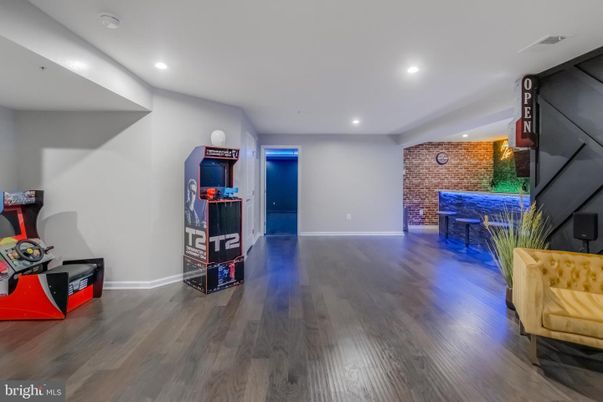 Empty room, Interior, Recessed Lighting, Stone Walls, Wood Texture Flooring