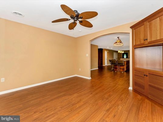 Chandelier, Dining room, Empty room, Interior, Pendant Lights, Recessed Lighting, Wood Texture Flooring