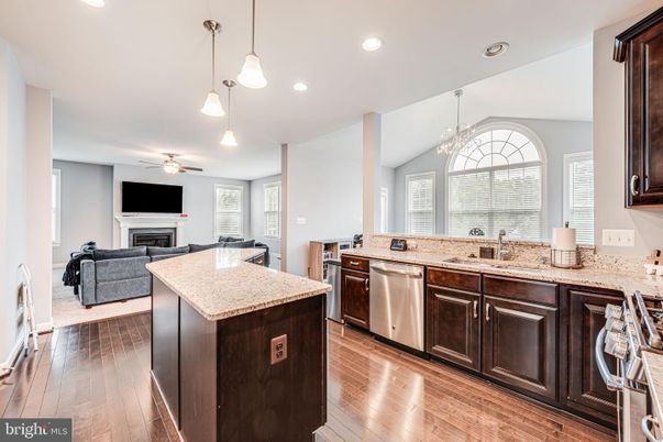 Fireplace, Interior, Kitchen, Living room, Pendant Lights, Recessed Lighting, Wood Texture Flooring