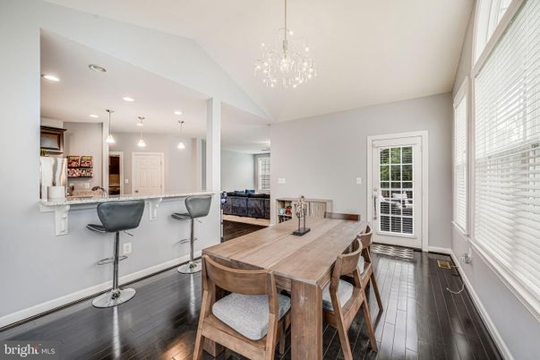 Dining room, Interior, Pendant Lights, Recessed Lighting, Wood Texture Flooring