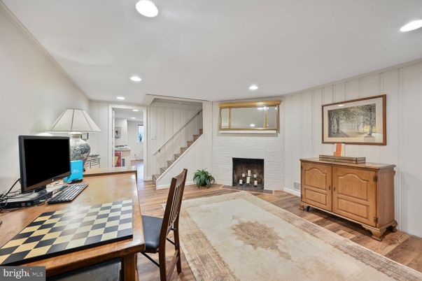 Fireplace, Home Office, Interior, Recessed Lighting, Wood Texture Flooring