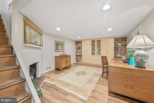 Fireplace, Home Office, Interior, Recessed Lighting, Wood Texture Flooring