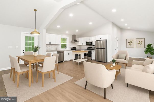 Dining room, Interior, Kitchen, Living room, Pendant Lights, Recessed Lighting, Stainless Steel Appliances, Wood Texture Flooring