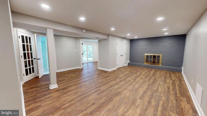 Empty room, Fireplace, Interior, Recessed Lighting, Wood Texture Flooring