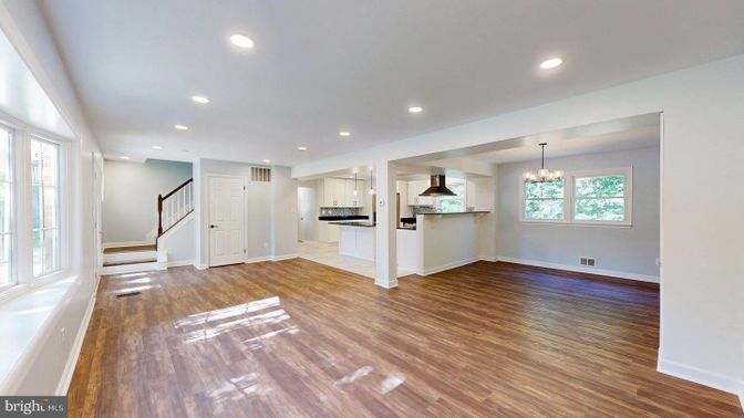 Chandelier, Empty room, Interior, Kitchen, Recessed Lighting, Wood Texture Flooring