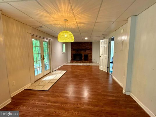 Empty room, Fireplace, Interior, Recessed Lighting, Wood Texture Flooring