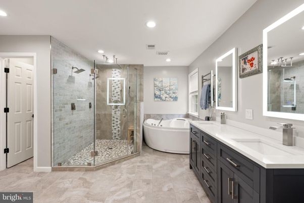 Bathroom, Dual Sink Vanities, Free Standing Baths, Glass Shower, Interior, Recessed Lighting