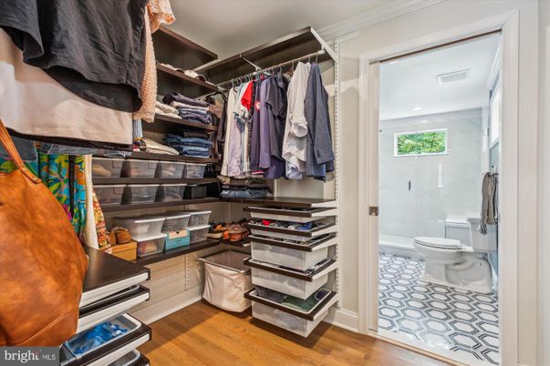 Bathroom, Glass Shower, Interior, Recessed Lighting, Walk-in Closets, Wood Texture Flooring