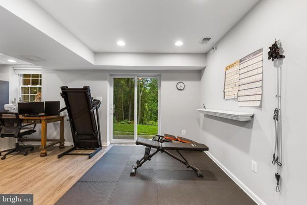 Fitness Equipment, Home Office, Interior, Recessed Lighting, Wood Texture Flooring