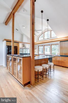 Interior, Kitchen, Pendant Lights, Wooden Beams, Wood Texture Flooring