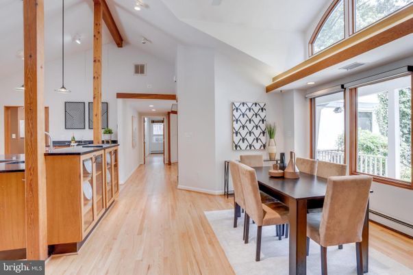 Dining room, Interior, Pendant Lights, Recessed Lighting, Wooden Beams, Wood Texture Flooring