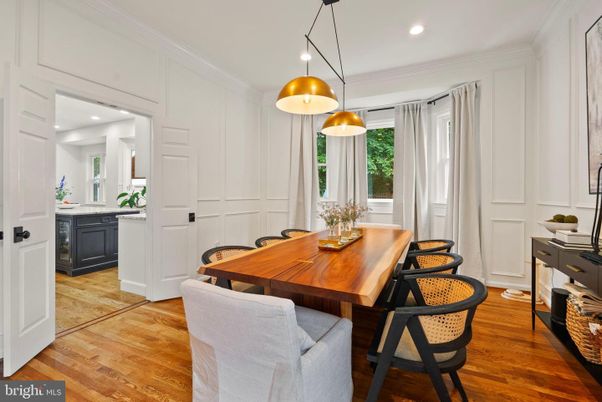 Dining room, Interior, Pendant Lights, Recessed Lighting, Wood Texture Flooring