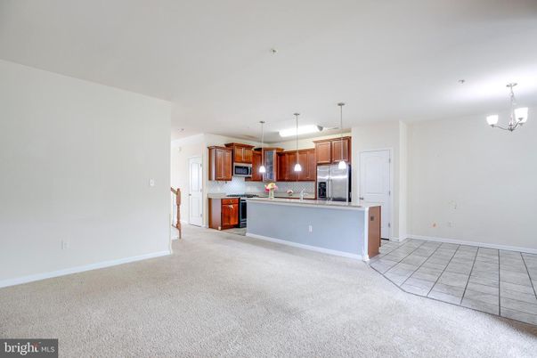 Chandelier, Empty room, Interior, Kitchen, Pendant Lights, Stainless Steel Appliances