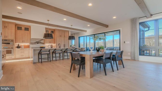 Dining room, Interior, Kitchen, Pendant Lights, Recessed Lighting, Stainless Steel Appliances, Wooden Beams, Wood Texture Flooring