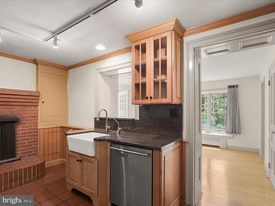 Interior, Kitchen, Recessed Lighting, Stone Walls, Wood Texture Flooring