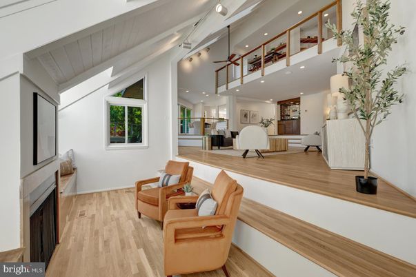 Fireplace, Interior, Living room, Recessed Lighting, Wood Texture Flooring