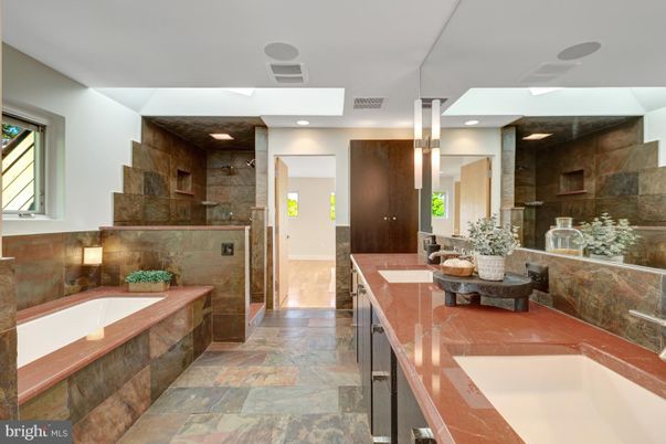 Bathroom, Dual Sink Vanities, Interior, Recessed Lighting, Stone Walls