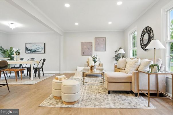 Dining room, Interior, Living room, Recessed Lighting, Wood Texture Flooring