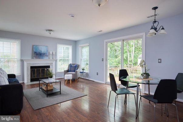Dining room, Fireplace, Interior, Living room, Pendant Lights, Wood Texture Flooring