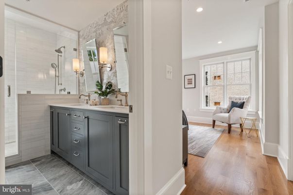 Bathroom, Dual Sink Vanities, Interior, Recessed Lighting, Wood Texture Flooring
