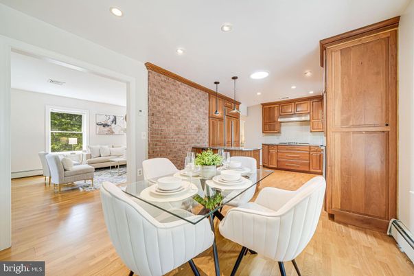 Dining room, Interior, Kitchen, Living room, Pendant Lights, Recessed Lighting, Stone Walls, Wood Texture Flooring