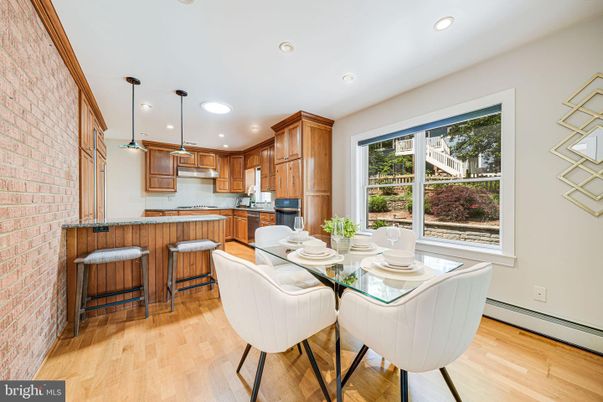 Dining room, Interior, Kitchen, Pendant Lights, Recessed Lighting, Stone Walls, Wood Texture Flooring