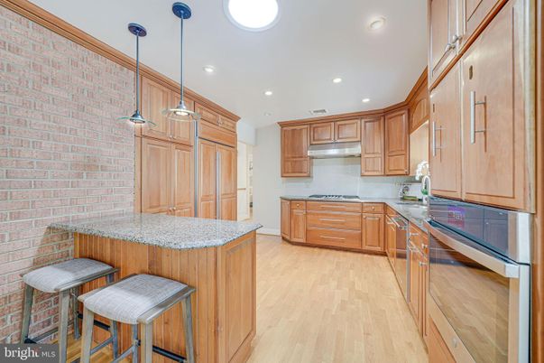 Interior, Kitchen, Pendant Lights, Recessed Lighting, Stone Walls, Wood Texture Flooring