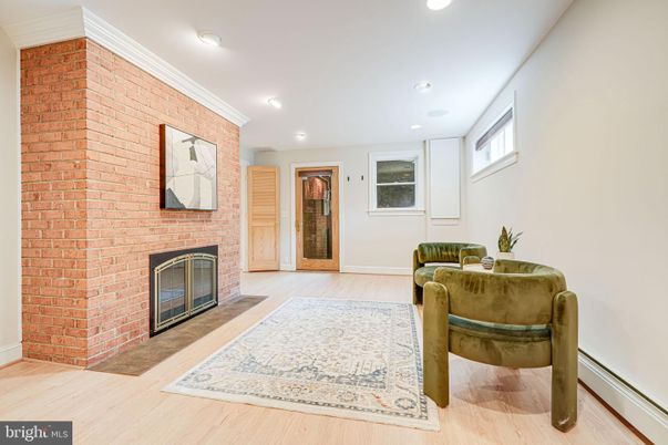 Fireplace, Interior, Recessed Lighting, Stone Walls, Wood Texture Flooring