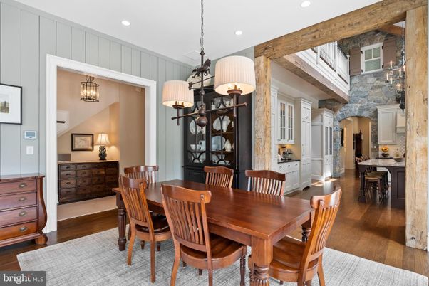 Dining room, Interior, Pendant Lights, Recessed Lighting, Wood Texture Flooring