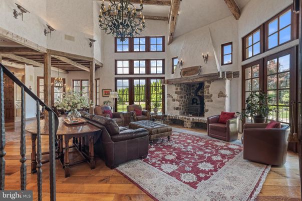 Chandelier, Dining room, Fireplace, Interior, Living room, Wooden Beams, Wood Texture Flooring