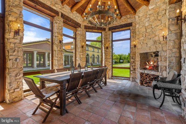 Dining room, Fireplace, Interior, Stone Walls, Sun Room, Wooden Beams