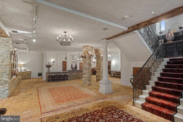 Chandelier, Interior, Recessed Lighting, Stone Walls, Wood Texture Flooring