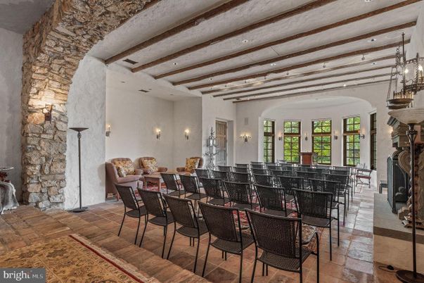 Dining room, Fireplace, Interior, Pendant Lights, Stone Walls, Wooden Beams