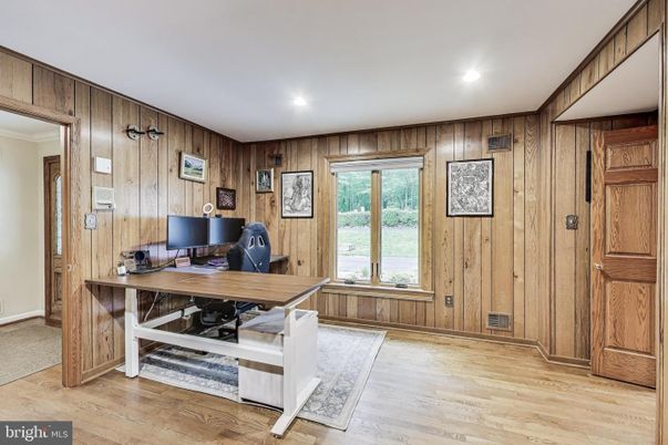 Home Office, Interior, Recessed Lighting, Wood Texture Flooring, Wooden Walls