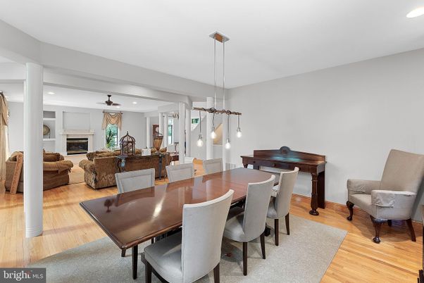 Dining room, Fireplace, Interior, Living room, Pendant Lights, Piano, Recessed Lighting, Wood Texture Flooring