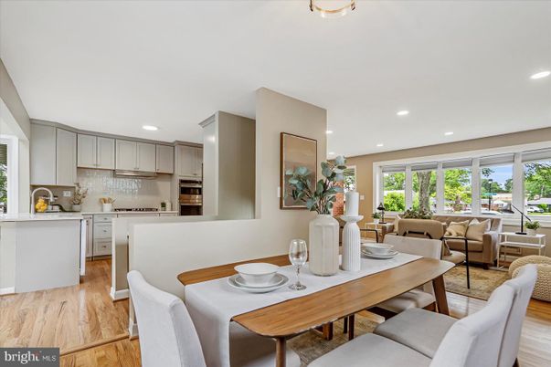 Dining room, Interior, Kitchen, Living room, Recessed Lighting, Stainless Steel Appliances, Wood Texture Flooring