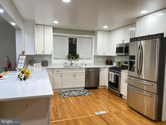 Interior, Kitchen, Recessed Lighting, Stainless Steel Appliances, Wood Texture Flooring