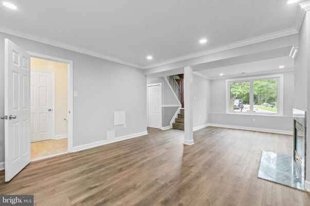 Empty room, Fireplace, Interior, Recessed Lighting, Wood Texture Flooring