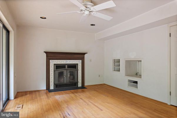 Empty room, Fireplace, Interior, Recessed Lighting, Wood Texture Flooring