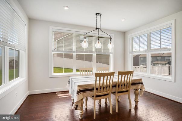 Dining room, Interior, Pendant Lights, Recessed Lighting, Wood Texture Flooring