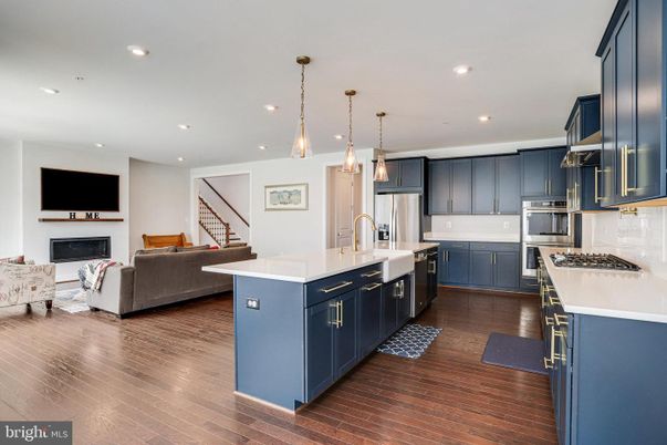 Fireplace, Interior, Kitchen, Living room, Pendant Lights, Recessed Lighting, Stainless Steel Appliances, Wood Texture Flooring