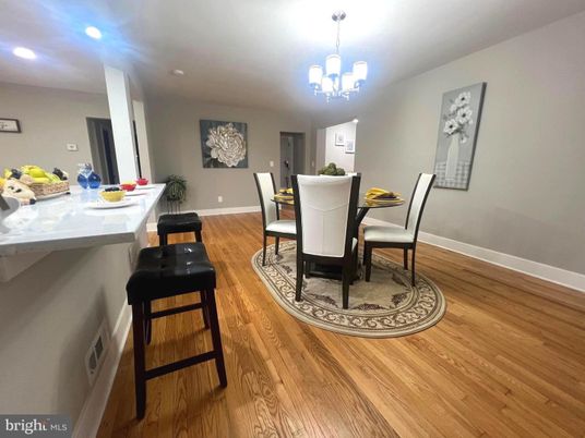 Dining room, Interior, Pendant Lights, Recessed Lighting, Wood Texture Flooring