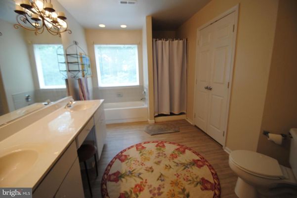 Bathroom, Chandelier, Interior, Recessed Lighting, Wood Texture Flooring
