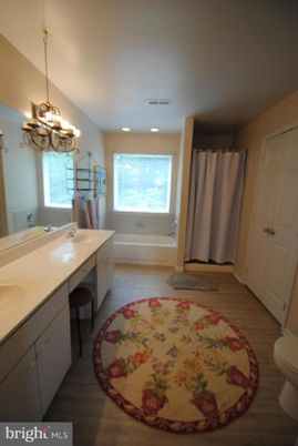 Bathroom, Chandelier, Interior, Recessed Lighting, Wood Texture Flooring