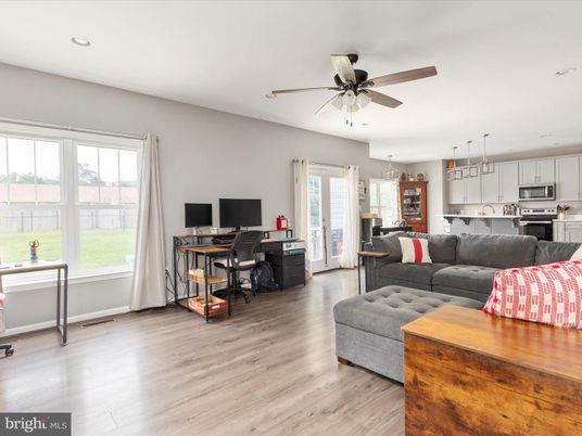 Home Office, Interior, Kitchen, Living room, Pendant Lights, Recessed Lighting, Stainless Steel Appliances, Wood Texture Flooring