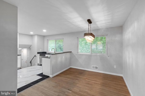 Interior, Kitchen, Marble, Pendant Lights, Recessed Lighting, Wood Texture Flooring