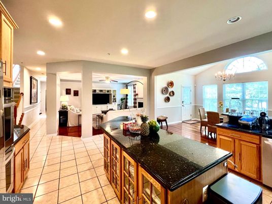 Chandelier, Dining room, Fireplace, Interior, Kitchen, Living room, Recessed Lighting, Wood Texture Flooring
